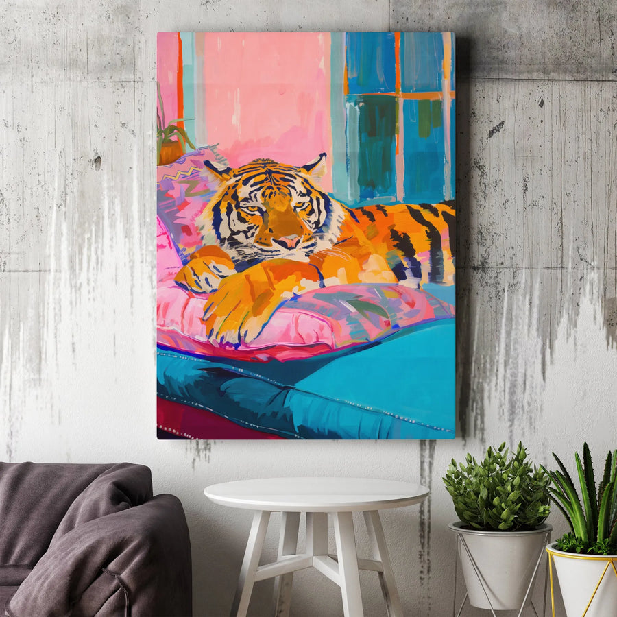 Vibrant Tiger Canvas Print | Colorful Lounging Tiger Pop Art Painting | Premium Thick Gallery Wrap Canvas | Modern Home Decor Gift for Animal Lovers