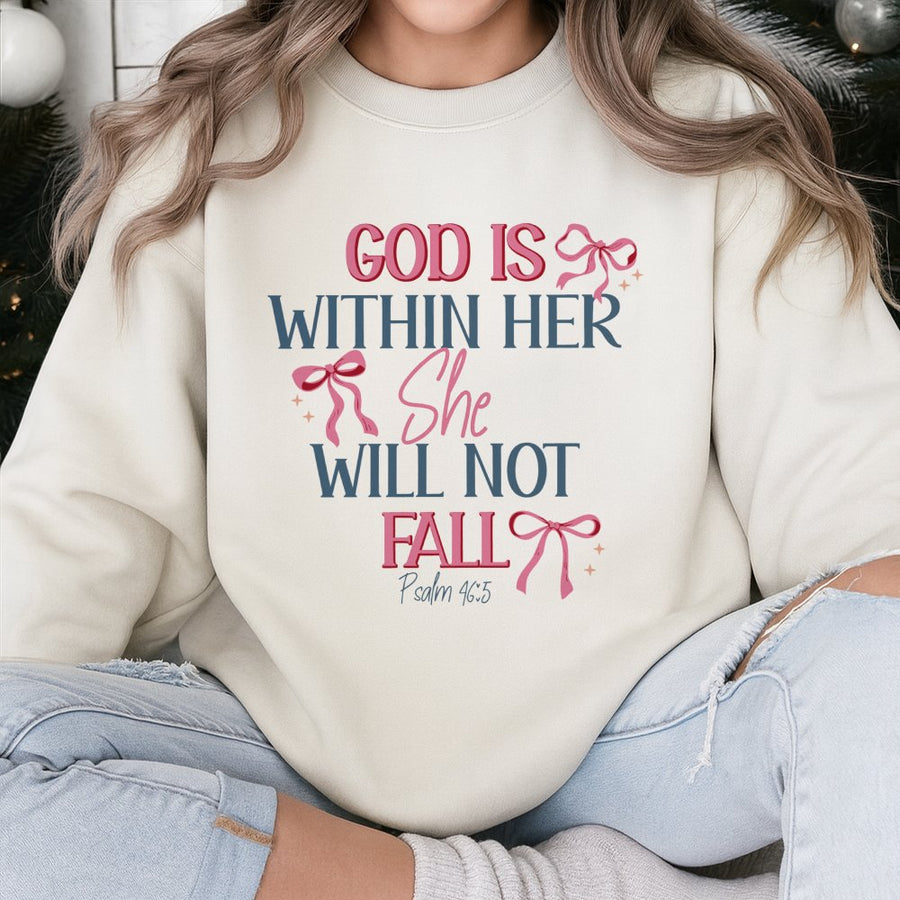 God Is Within Her She Will Not Fall Sweatshirt | Psalm 46:5 Coquette Bow Aesthetic | Premium Cotton Blend | Christian Gift for Women