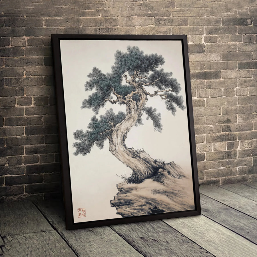 Traditional Chinese Ink Pine Tree Canvas | Minimalist Sumi-e Botanical Wall Art | Premium Gallery-Wrapped Print | Zen Home Decor Gift for Nature Lovers