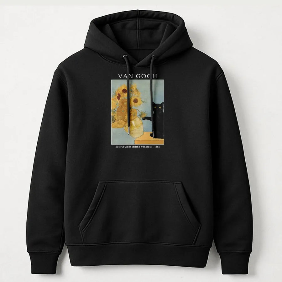 Van Gogh Cat Hoodie | Funny Black Cat Sunflowers Painting | Soft Cotton Artist Tee | Gift for Art History Lover