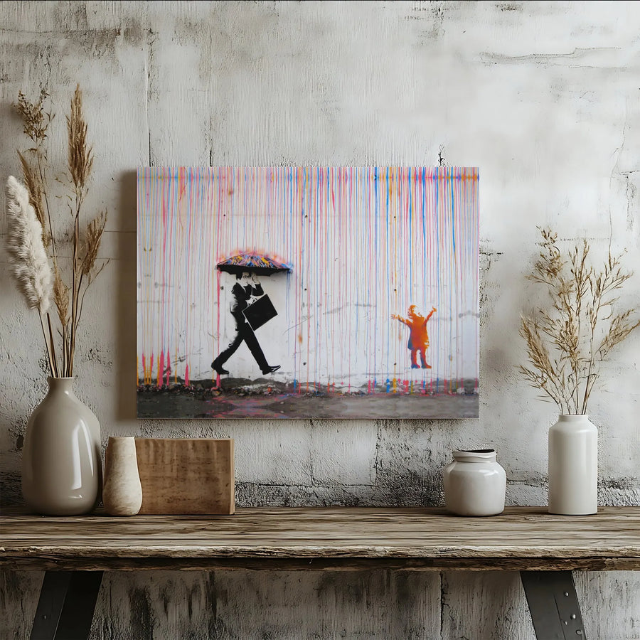 Urban Graffiti Street Art Canvas | Businessman and Child Under Colorful Rain | Premium Gallery-Wrapped Print | Modern Home & Office Wall Decor Gift