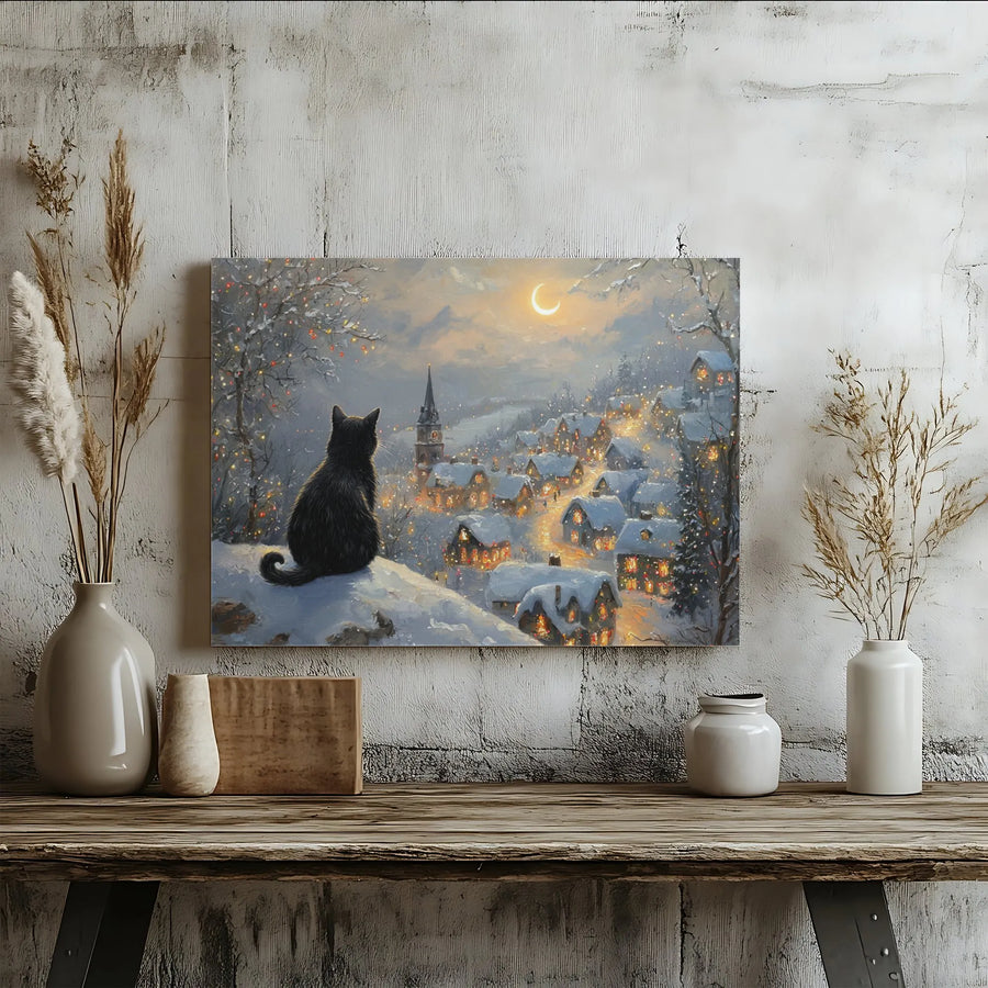 Black Cat Snowy Christmas Village Canvas | Winter Night Holiday Art Print | Gallery-Quality 1.25" Profile | Cozy Festive Wall Decor Gift