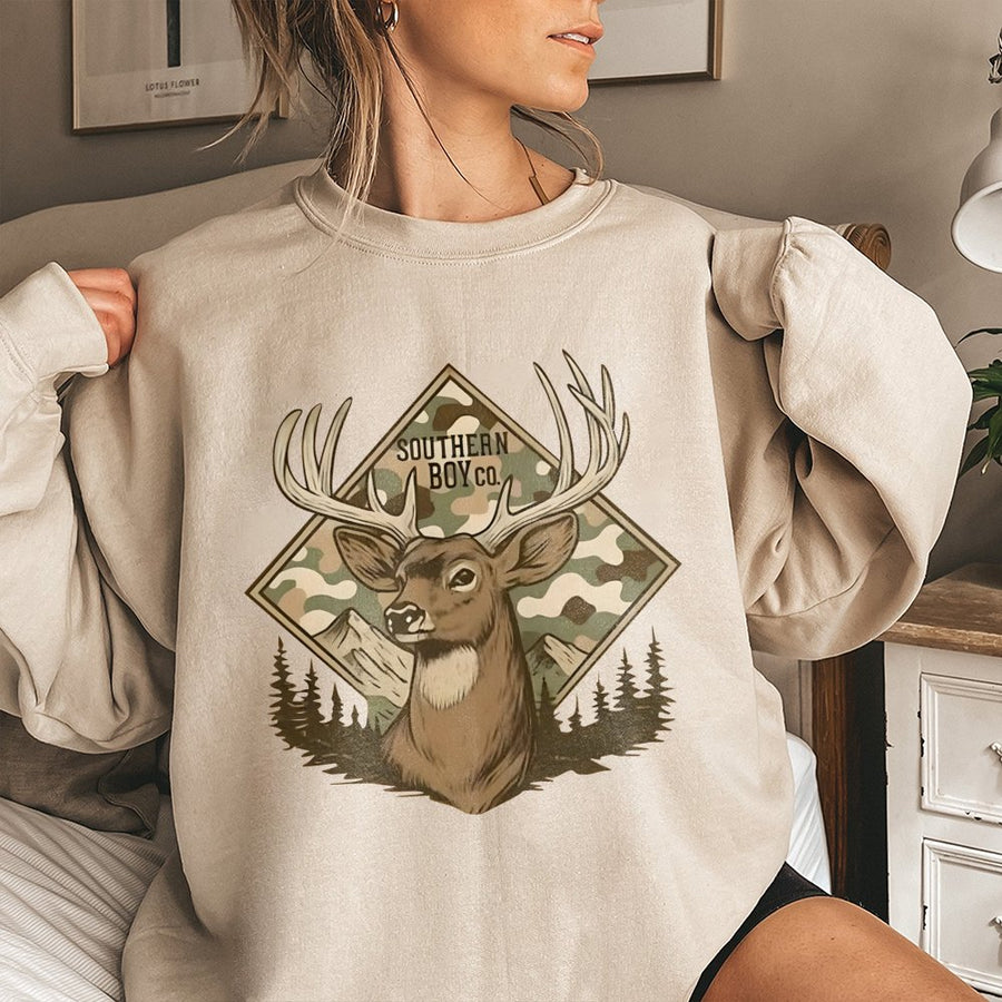 Camo Buck Deer Sweatshirt | Mountain Forest Nature Print | Premium Cotton Blend Crewneck | Outdoor Hunter Wildlife Gift for Him