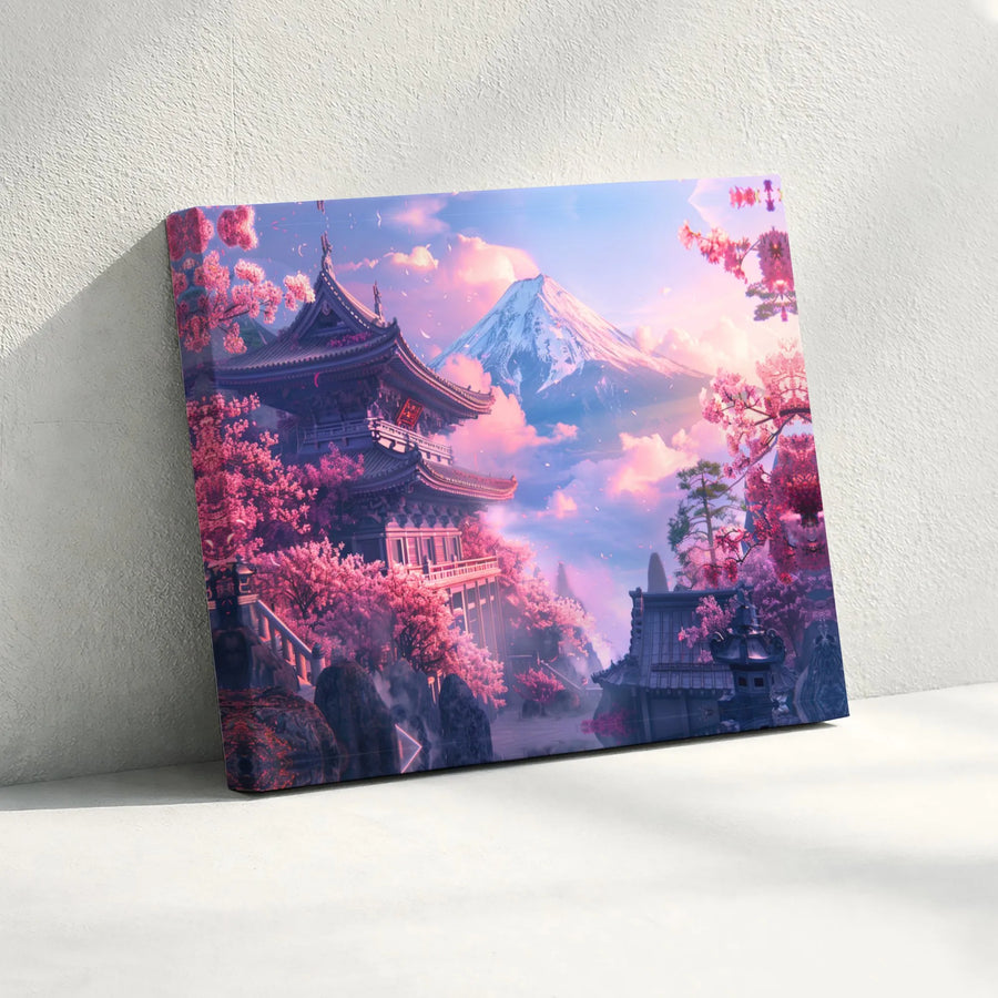 Japanese Temple Canvas Wall Art | Mount Fuji Sakura Cherry Blossom Print | Premium 1.25 Inch Gallery Wrap | Zen Home Decor Gift