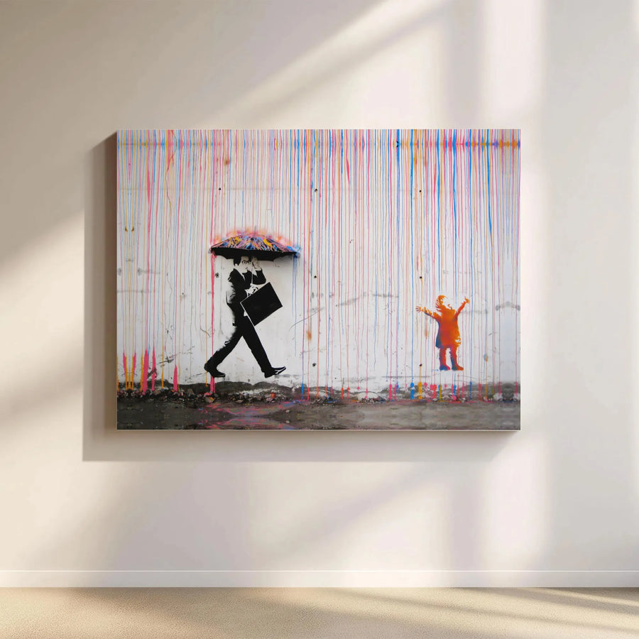 Urban Graffiti Street Art Canvas | Businessman and Child Under Colorful Rain | Premium Gallery-Wrapped Print | Modern Home & Office Wall Decor Gift