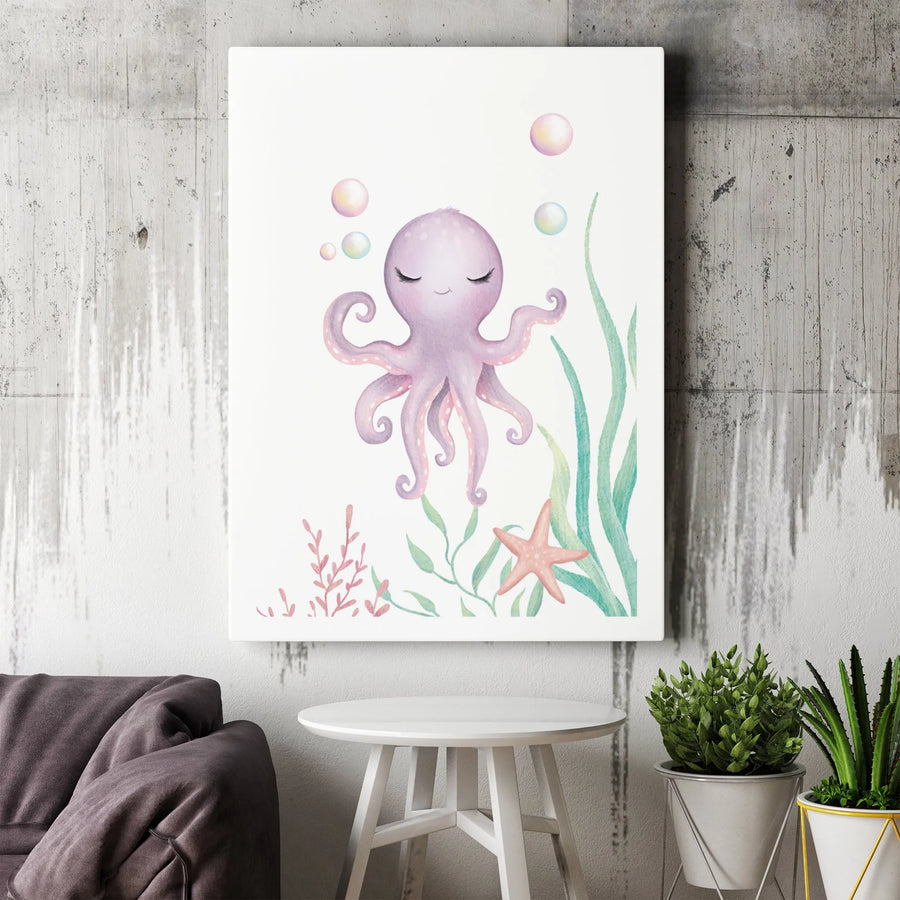 Cute Octopus Wall Art | Watercolor Nautical Nursery Decor | Premium Gallery Wrapped Canvas | Gift for Kids Room or Baby Shower