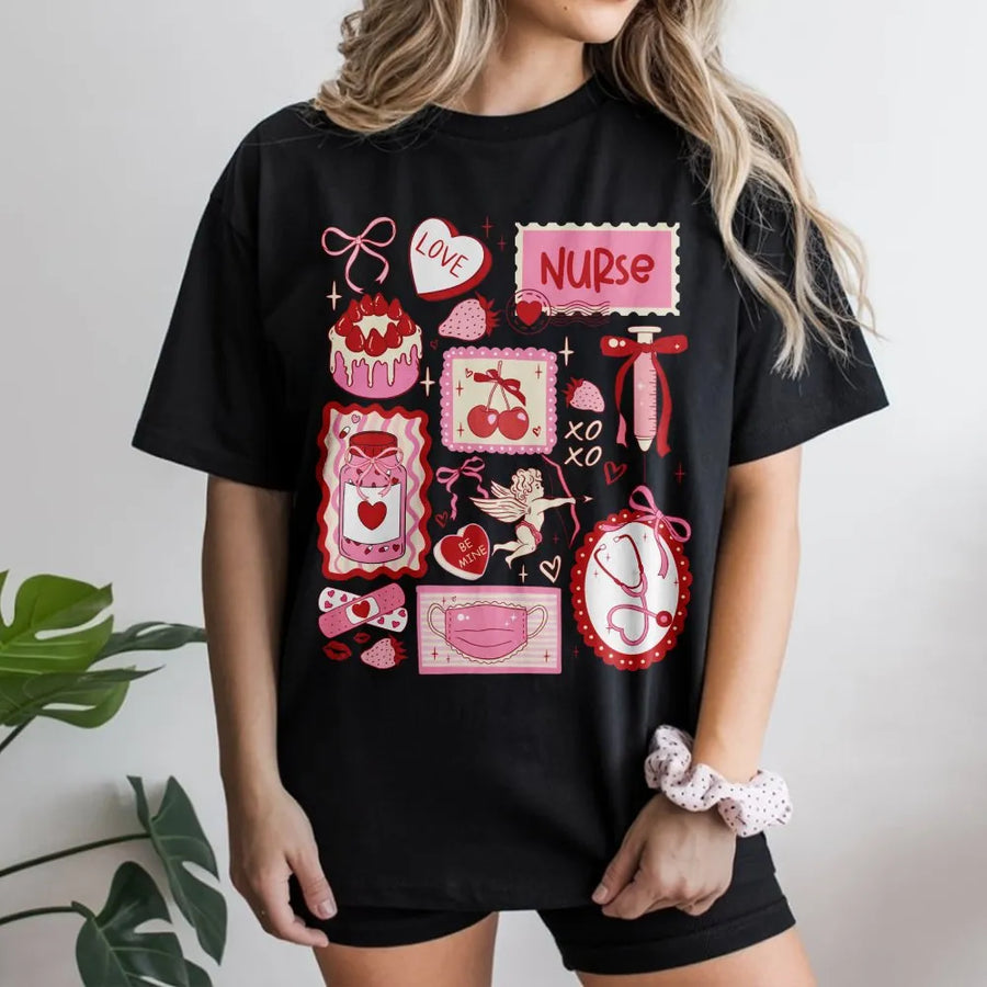 Nurse Valentine T-Shirt | Coquette Aesthetic Medical Doodle Print | Premium Soft Cotton Tee | Cute Gift for Nurses and Nursing Students