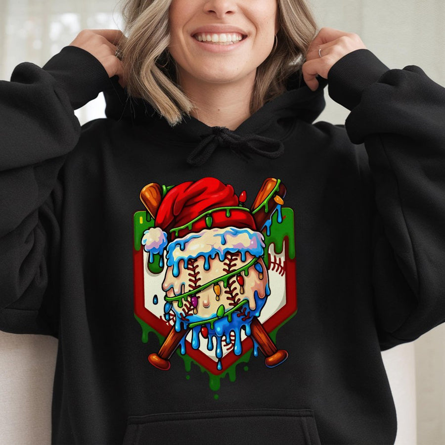 Christmas Baseball Hoodie | Santa Hat Drip Graphic | Premium Cotton Blend | Gift for Baseball Fans and Athletes