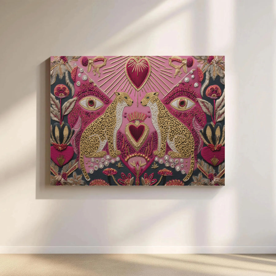 Boho Cheetah Wall Art | Sacred Heart & All-Seeing Eye Print | Premium Gallery Wrap Canvas | Surreal Maximalist Home Decor Gift