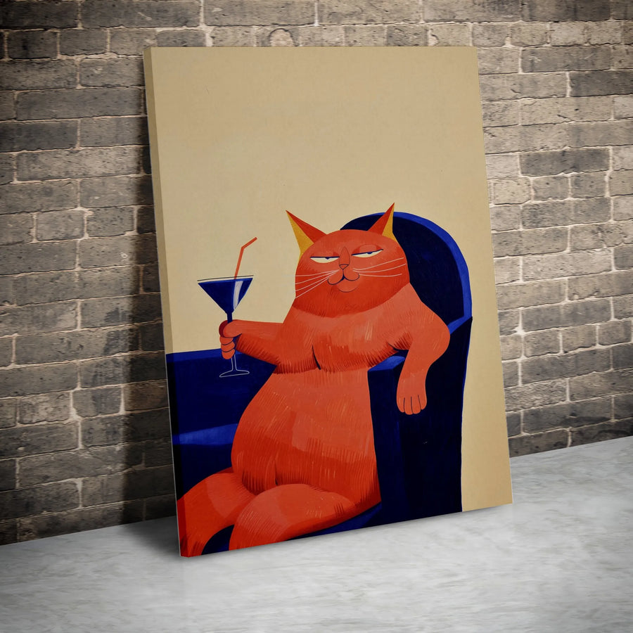 Funny Orange Cat Canvas Art | Smug Drinking Martini Illustration | Premium Gallery Wrapped Wall Decor | Whimsical Animal Home Gift