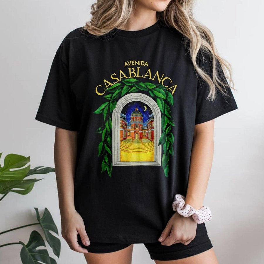 Avenida Casablanca Graphic T-Shirt | Mediterranean Architecture Botanical Art | Premium Cotton Tee | Travel Inspired Gift For Architecture Lovers