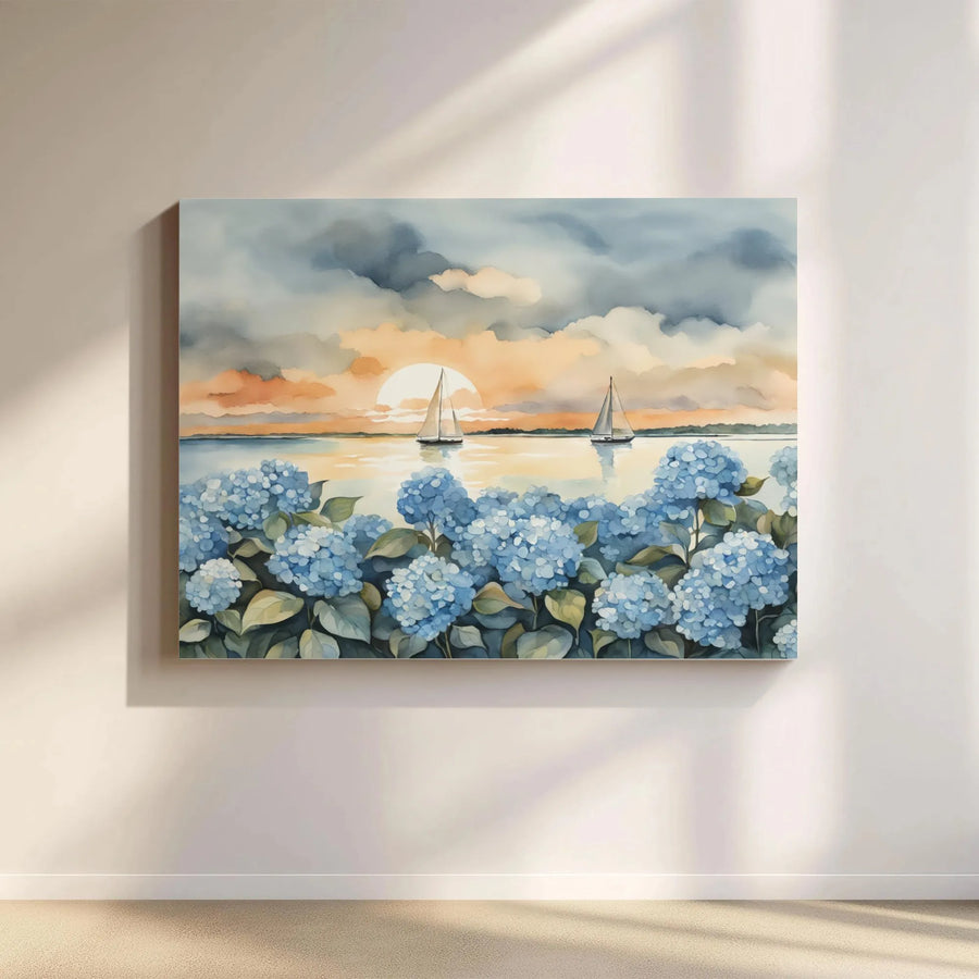 Blue Hydrangea Sailboat Canvas Art | Sunset Coastal Seascape Print | Gallery-Quality 1.25-Inch Frame | Beach House Wall Decor Gift