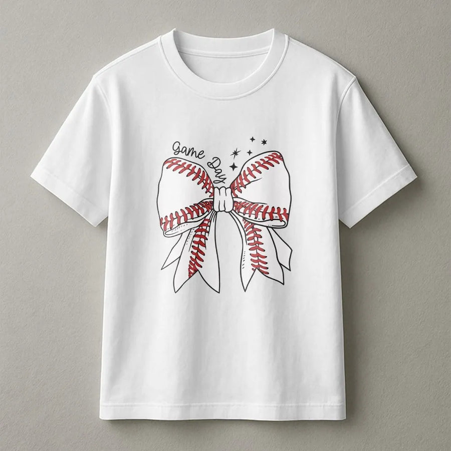Baseball Bow T-Shirt | Cute Game Day Graphic Pullover | Soft Cotton-Poly Blend | Premium Gift for Baseball Mom and Sports Fan