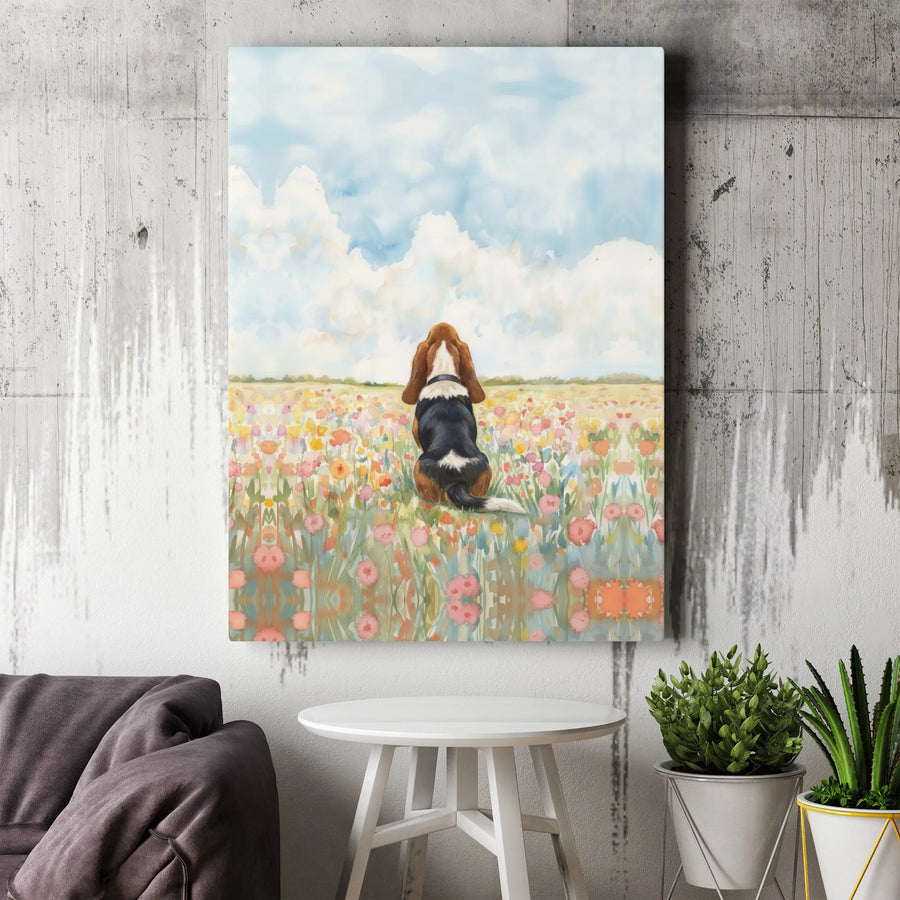 Basset Hound Canvas Wall Art | Watercolor Dog in Wildflower Field Print | Premium Gallery Wrapped Canvas | Gift for Dog Mom & Pet Owners