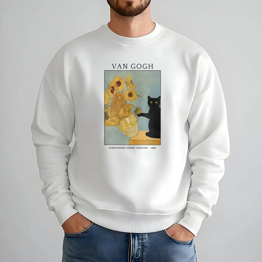 Van Gogh Cat Sweatshirt | Funny Black Cat Sunflowers Painting | Soft Cotton Artist Tee | Gift for Art History Lover