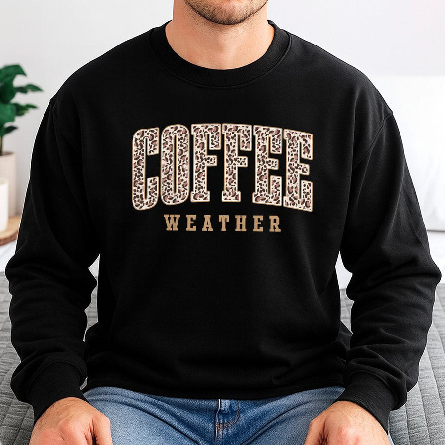 Coffee Weather Sweatshirt | Leopard Print Varsity Letter Design | Soft Cotton Blend Premium Fleece | Cozy Fall Gift for Coffee Lovers