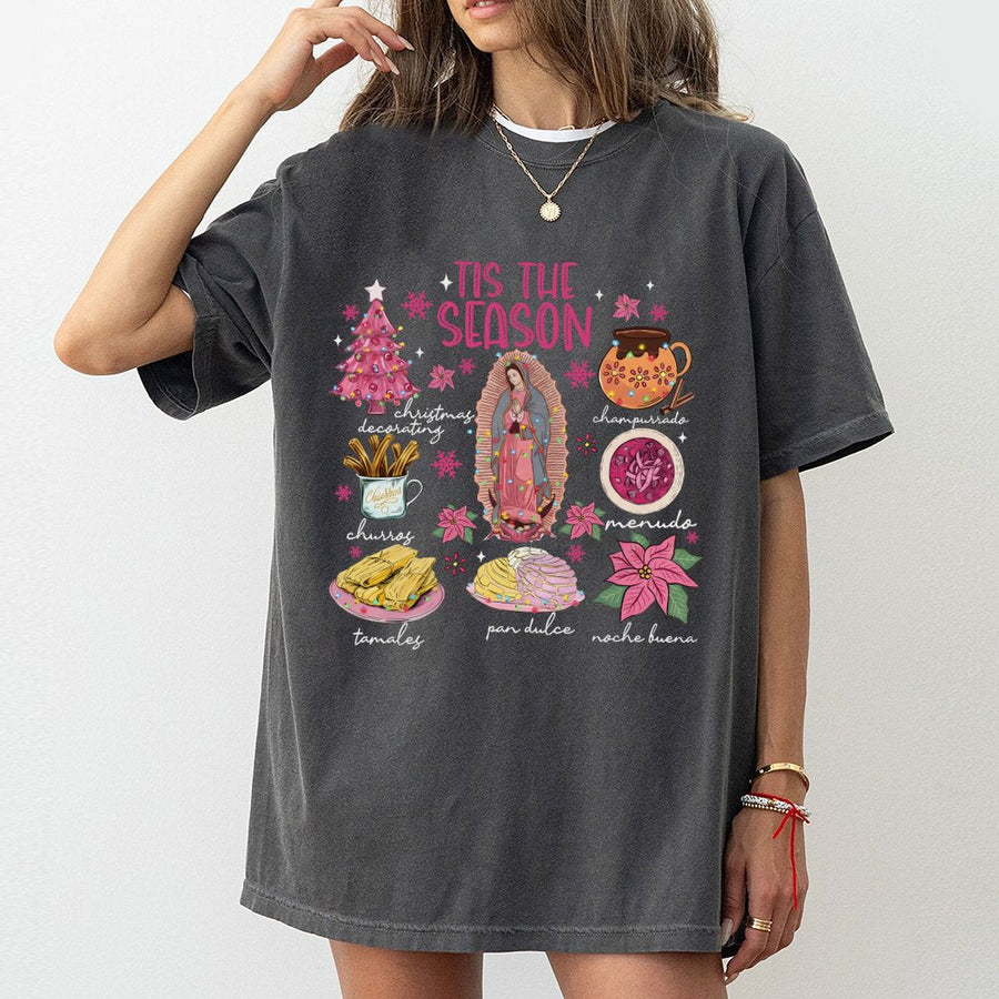 Mexican Christmas Graphic T-Shirt | Tis The Season Food Icons Print | Soft Cotton Premium Tee | Unique Noche Buena Gift For Latinos