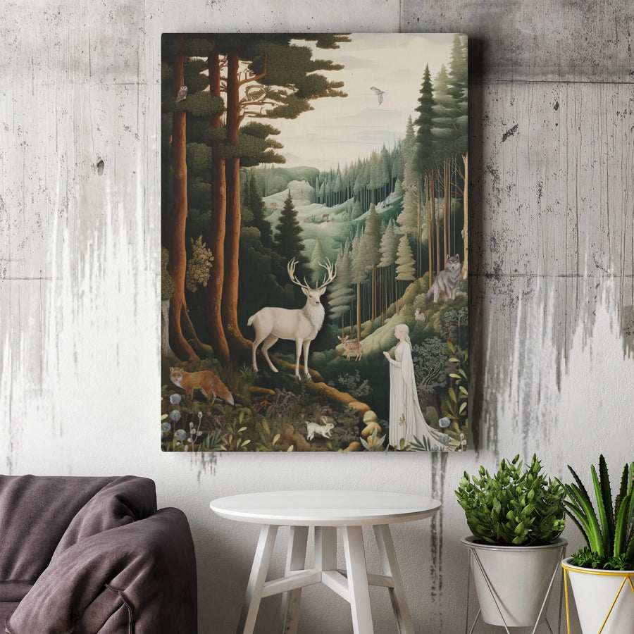 Enchanted Forest Canvas Wall Art | Whimsical White Stag and Maiden Portrait | Premium Gallery Wrap Decor | Mythical Nature Gift for Home