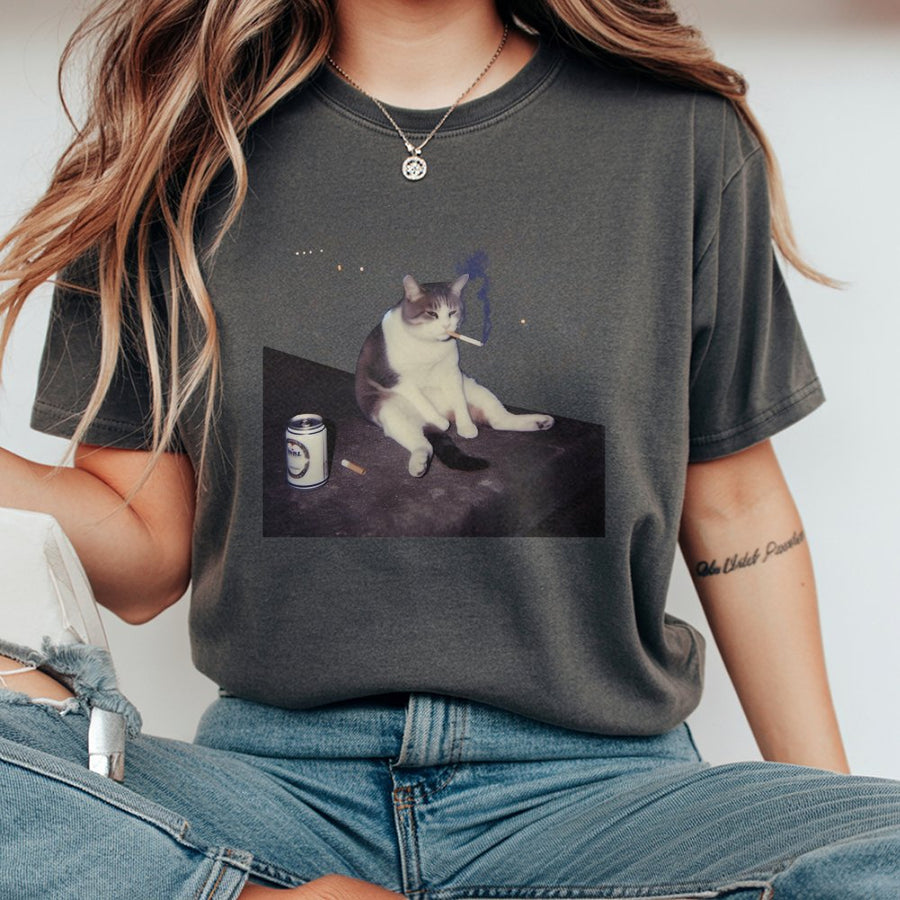 Funny Cat T-Shirt | Smoking Cat With Beer Graphic | 100% Cotton Premium Tee | Quirky Animal Lover Gift For Men And Women