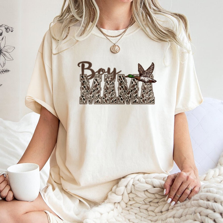 Boy Mama Duck Hunting T-Shirt | Camo Leopard Print Graphic | Premium 100% Cotton | Stylish Gift for Outdoorsy Moms