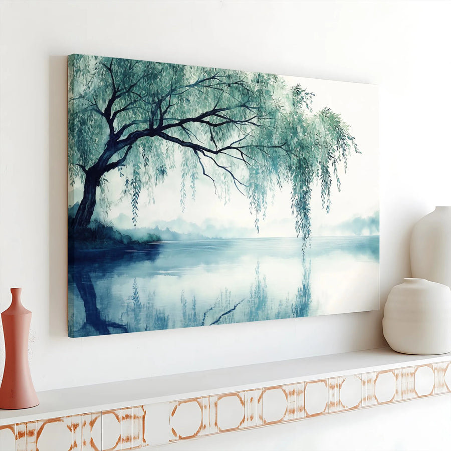 Weeping Willow Canvas Wall Art | Misty Lake Watercolor Landscape | Premium 1.25-inch Gallery Wrap | Serene Nature Decor for Living Room Office