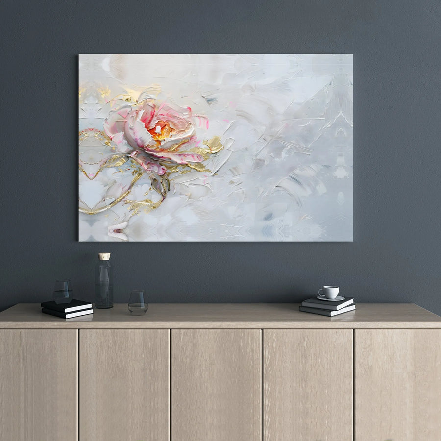 Abstract Pink Flower Wall Art | Impasto Gold Leaf Texture | Premium Gallery Wrap Canvas | Elegant Modern Home Decor Gift