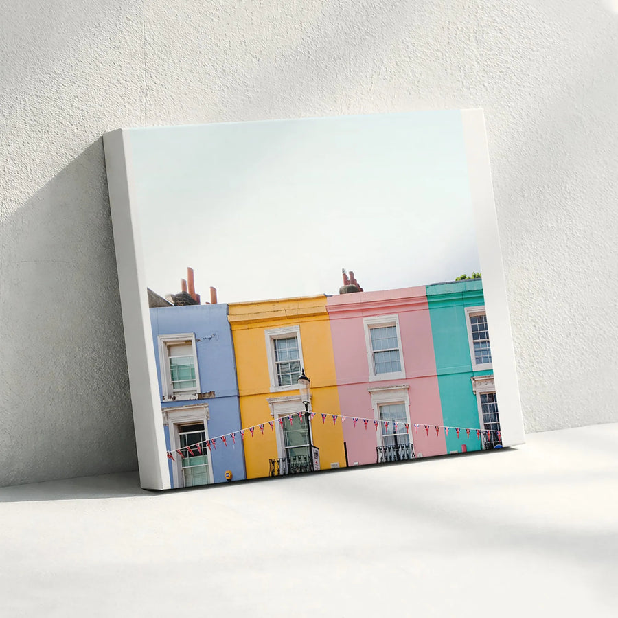 Colorful Notting Hill Houses Canvas Wall Art | Pastel London Street Photography | Premium 1.25" Thick Gallery Wrap | UK Travel Lover Home Decor Gift