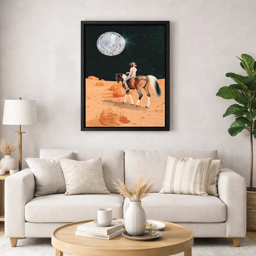 Cosmic Cowgirl Canvas Art | Western Disco Ball Space Surrealism | Premium Gallery Wrap Print | Unique Boho Wall Decor Gift