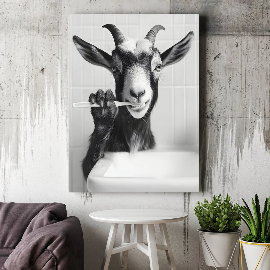Funny Goat Brushing Teeth Vertical Canvas | Black and White Humorous Animal Art | Premium Gallery Wrapped Print | Unique Bathroom Wall Decor Gift