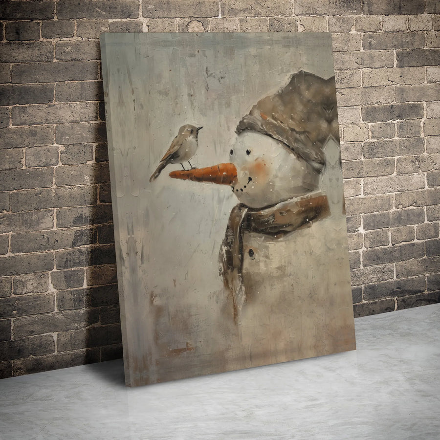 Snowman Canvas Art | Painterly Winter Bird On Carrot Nose | Premium Gallery Wrap Wall Decor | Festive Christmas Home Gift
