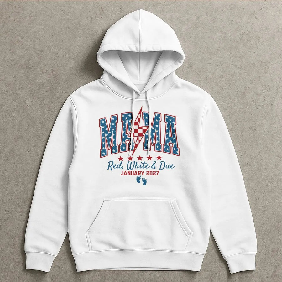 4th of July Pregnancy Announcement Shirt | American Mama Red White & Due Design | Premium Cotton Tee | Gift for Mom To Be