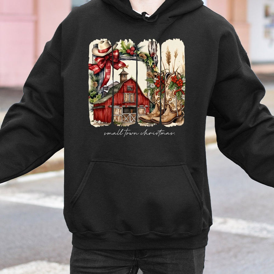 Small Town Christmas Hoodie | Western Country Barn Graphic Design | Premium Cotton Blend | Gift for Cowgirl Cowgirls Cowboy Lovers Holiday Apparel