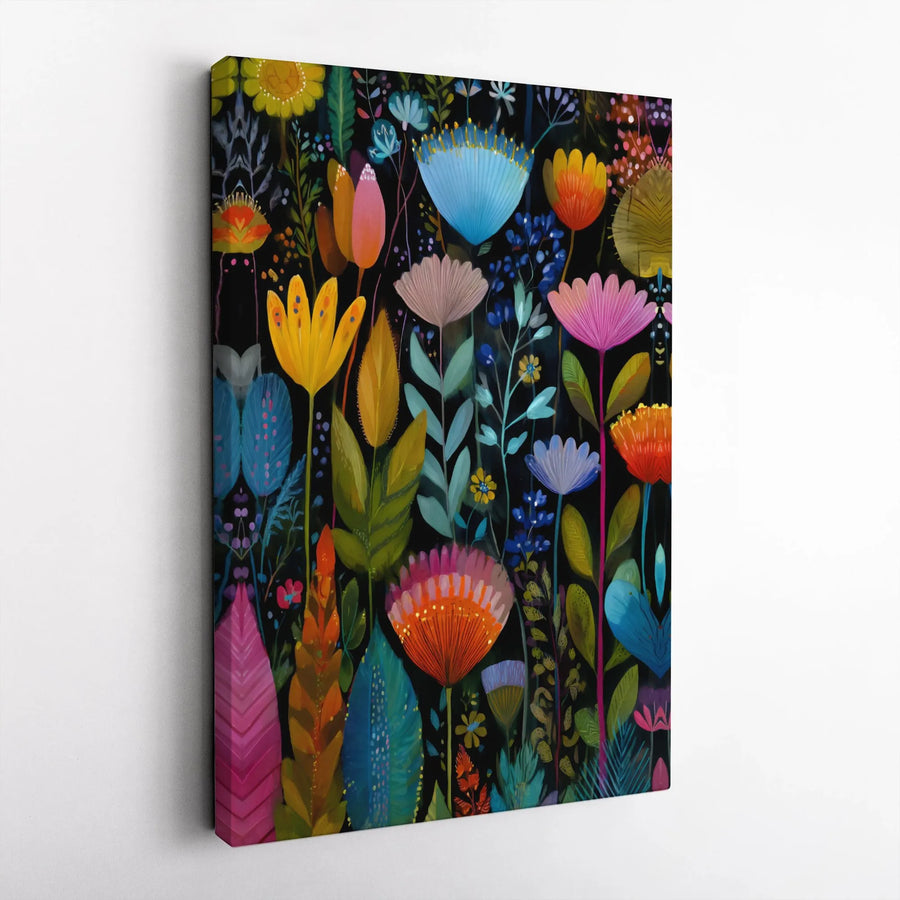 Botanical Wall Art Canvas | Vibrant Folk Art Floral Illustration | 1.25-Inch Gallery Wrap Premium Print | Colorful Home Decor Gift