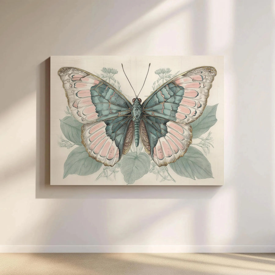 Vintage Butterfly Canvas Print | Botanical Pink and Teal Wall Art | Premium Gallery-Wrapped 1.25" Frame | Nature Lover Home Decor Gift