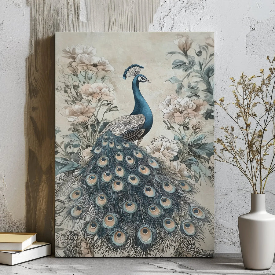 Peacock Wall Art Canvas | Vintage Floral Bird Illustration | Gallery Wrap Premium Print | Elegant Home Decor Gift