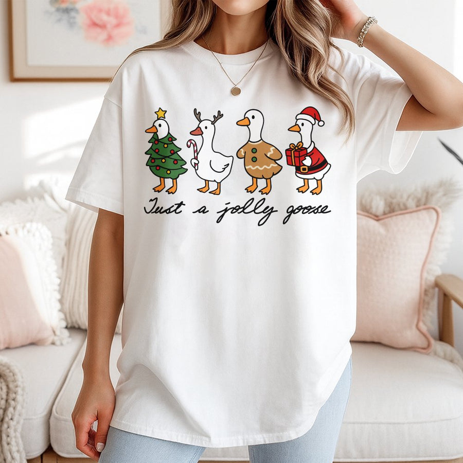 Just A Jolly Goose T-Shirt | Funny Christmas Duck Design | 100% Cotton Premium Tee | Cute Holiday Gift for Goose Lovers