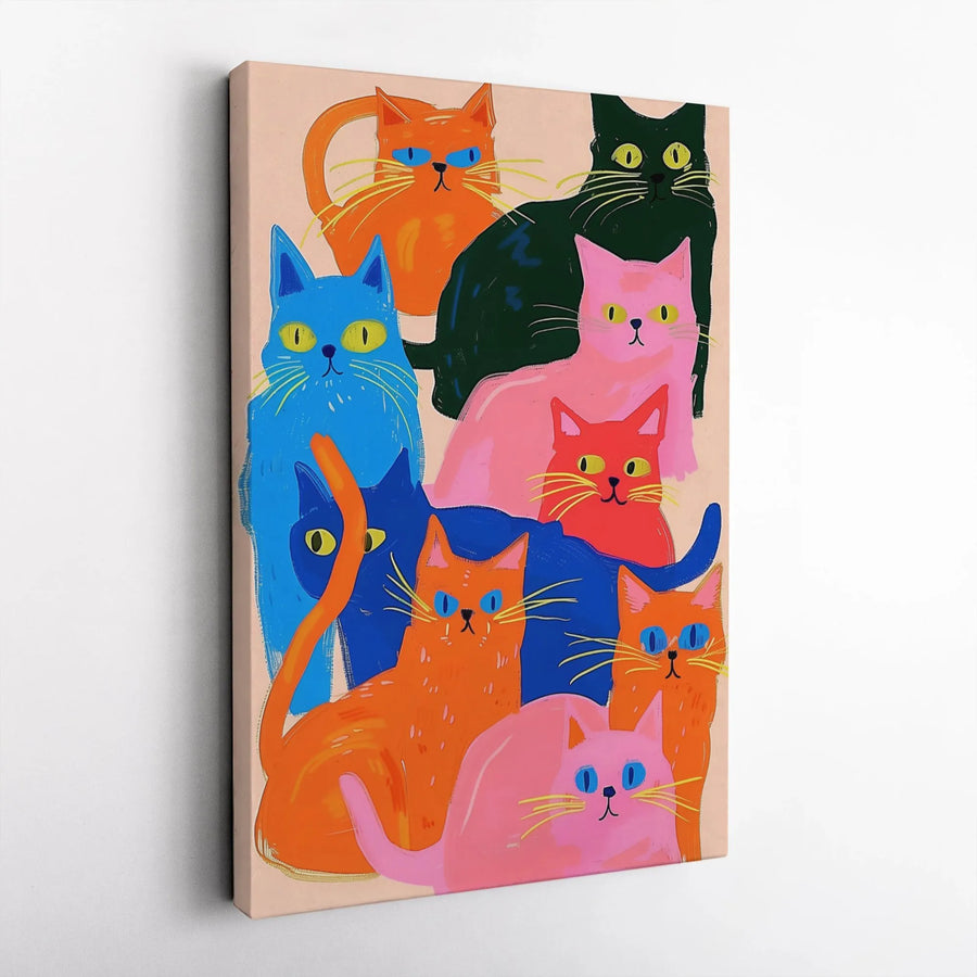 Colorful Cat Wall Art | Modern Pop Art Animal Illustration | Premium Gallery Wrapped Canvas | Whimsical Home Decor Gift for Cat Lovers