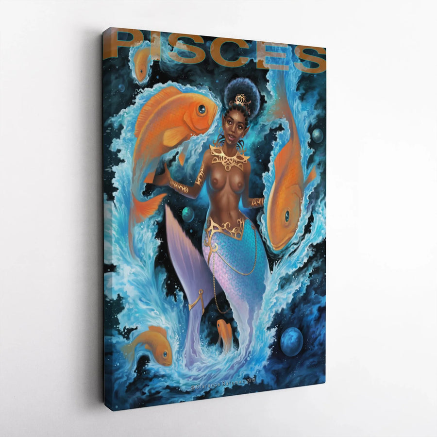 Pisces Zodiac Canvas Print | Afrocentric Mermaid Goddess Art | Premium Gallery Wrapped Canvas | Spiritual Astrology Decor Gift for Her