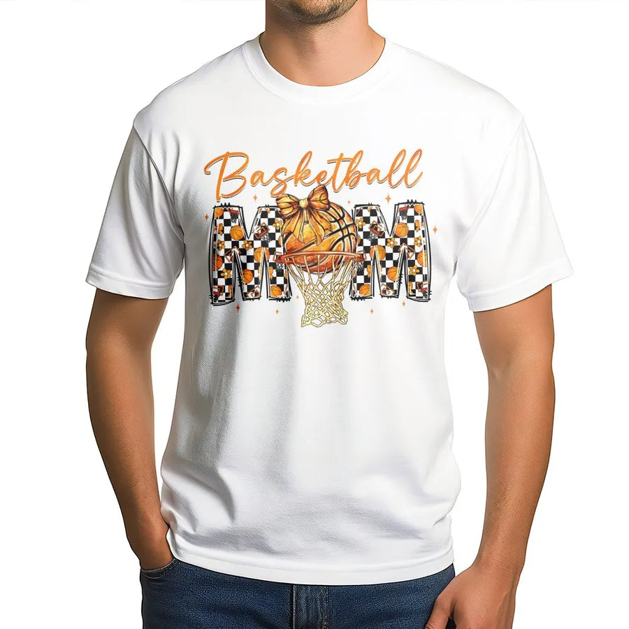 Basketball Mom T-Shirt | Coquette Bow Checkered Sports Design | 100% Soft Cotton Tee | Premium Game Day Gift for Basketball Mama