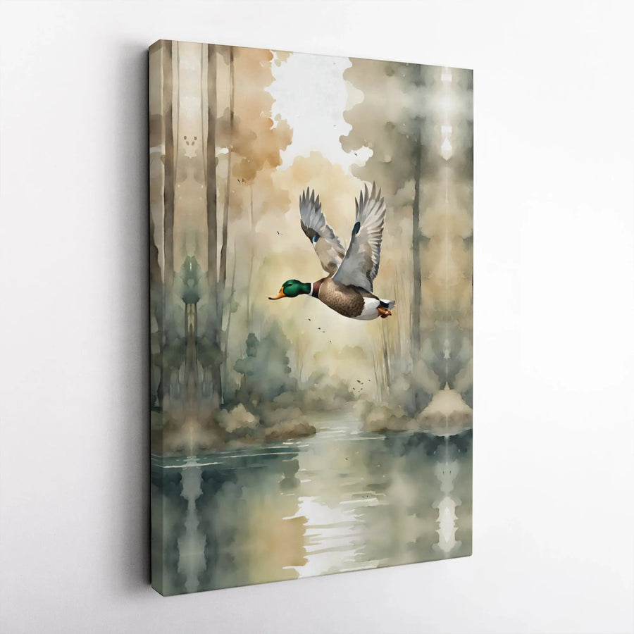 Mallard Duck Canvas Print | Misty Forest River Watercolor Art | 1.25 Inch Premium Gallery Wrap | Wildlife Home Decor Gift for Nature Lovers