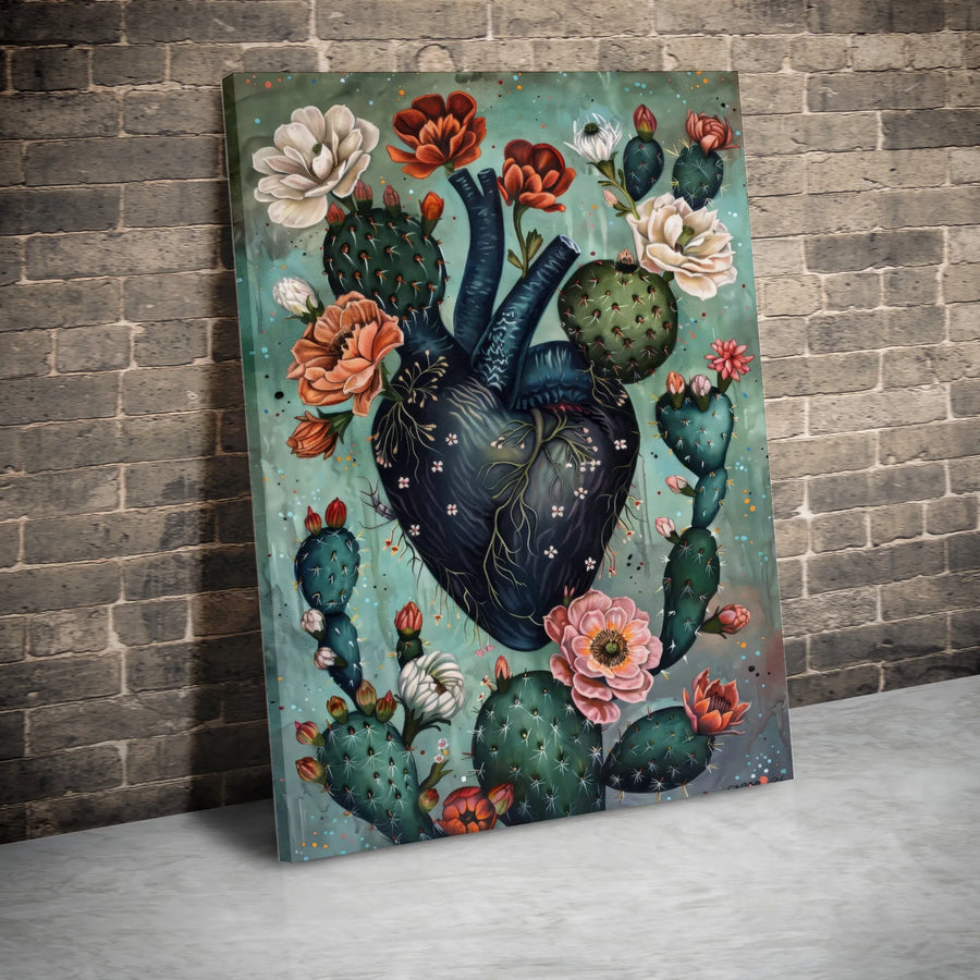 Anatomical Heart and Cactus Vertical Canvas | Surreal Botanical Illustration | Premium Gallery Wrapped Canvas | Gothic Home Decor Gift