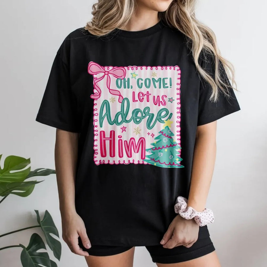 Oh Come Let Us Adore Him T-Shirt | Pink Coquette Aesthetic Christmas Tree Design | Premium Soft Cotton | Christian Faith Holiday Gift For Her