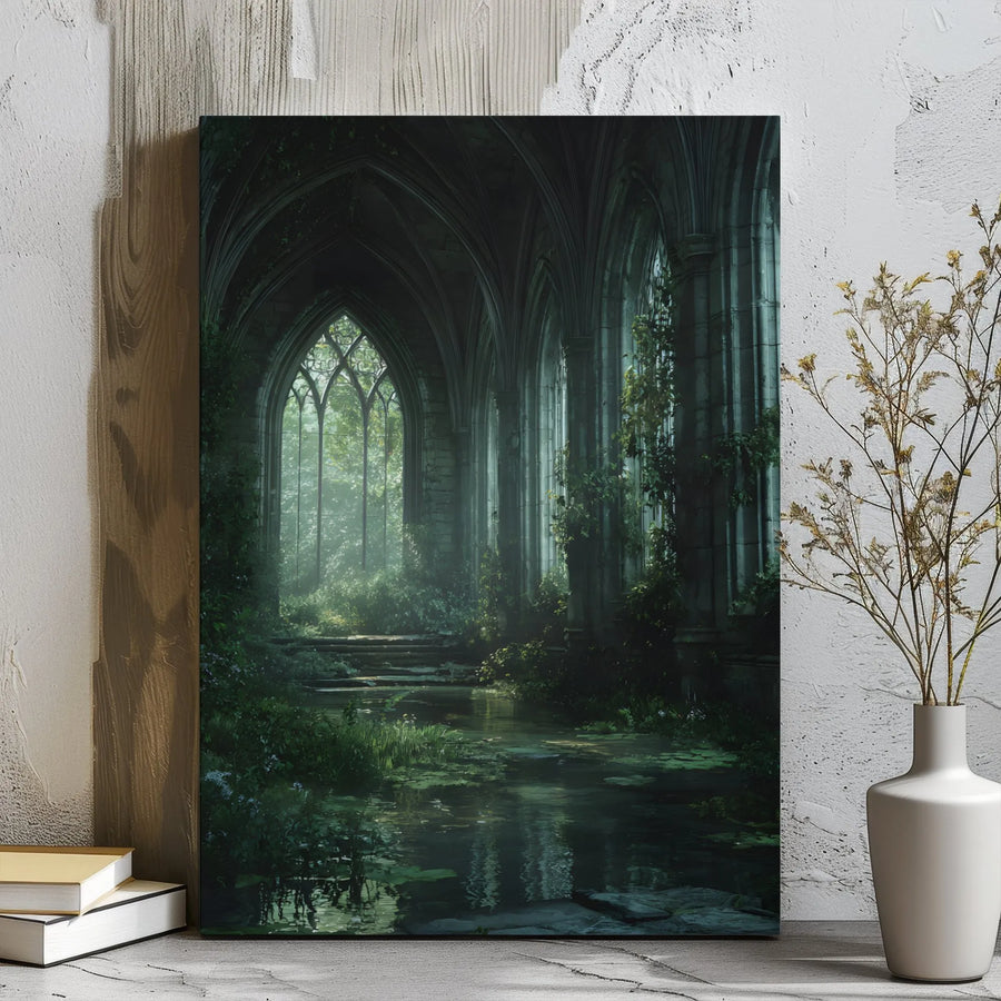 Gothic Cathedral Ruins Canvas | Overgrown Forest Sanctuary Wall Art | Premium 1.25" Gallery Wrap | Dark Academia Home Decor Gift