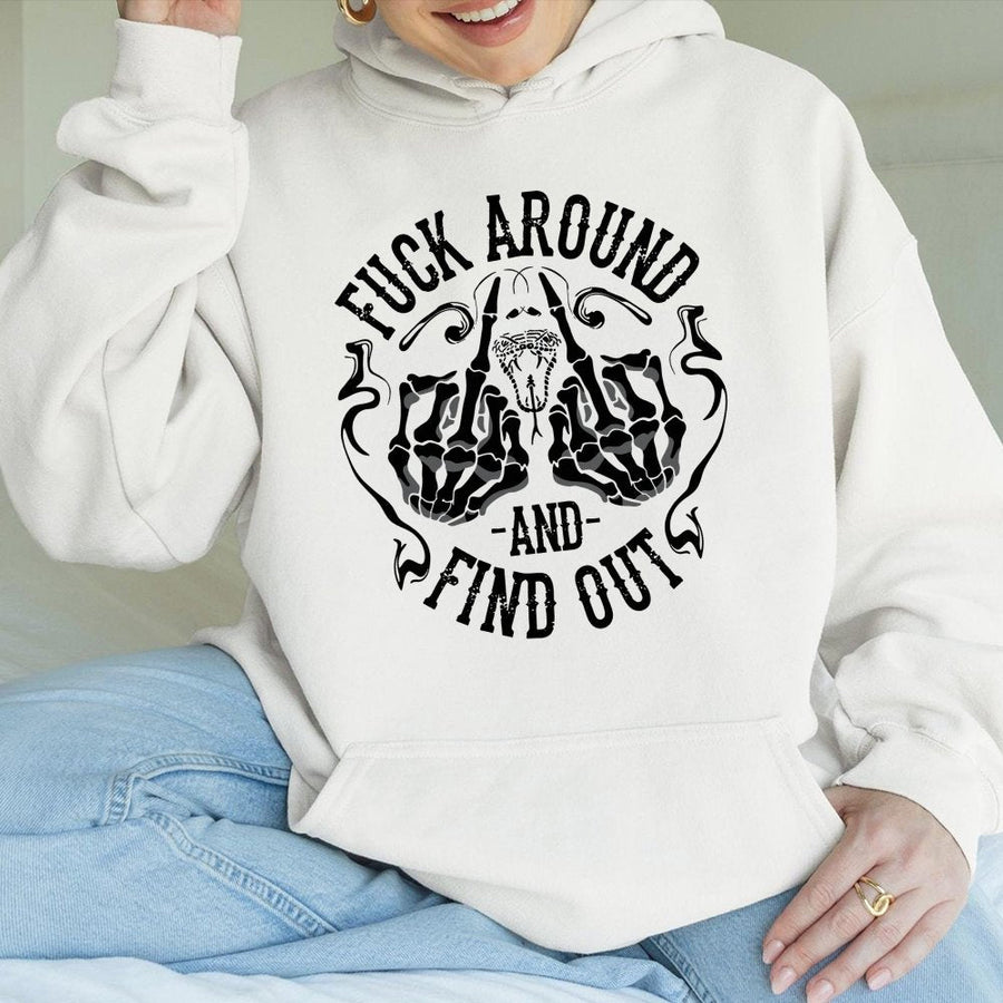 Fuck Around And Find Out Hoodie | Skeleton Middle Finger Snake Graphic | Premium Cotton Blend | Sarcastic Gift for Gen X Adults