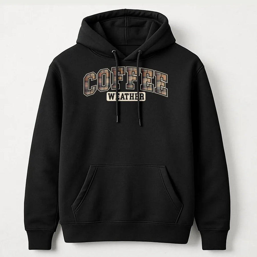 Coffee Weather Hoodie | Plaid Lettering Graphic Sweatshirt | Premium Cotton Blend | Gift for Coffee Lovers & Fall Aesthetic