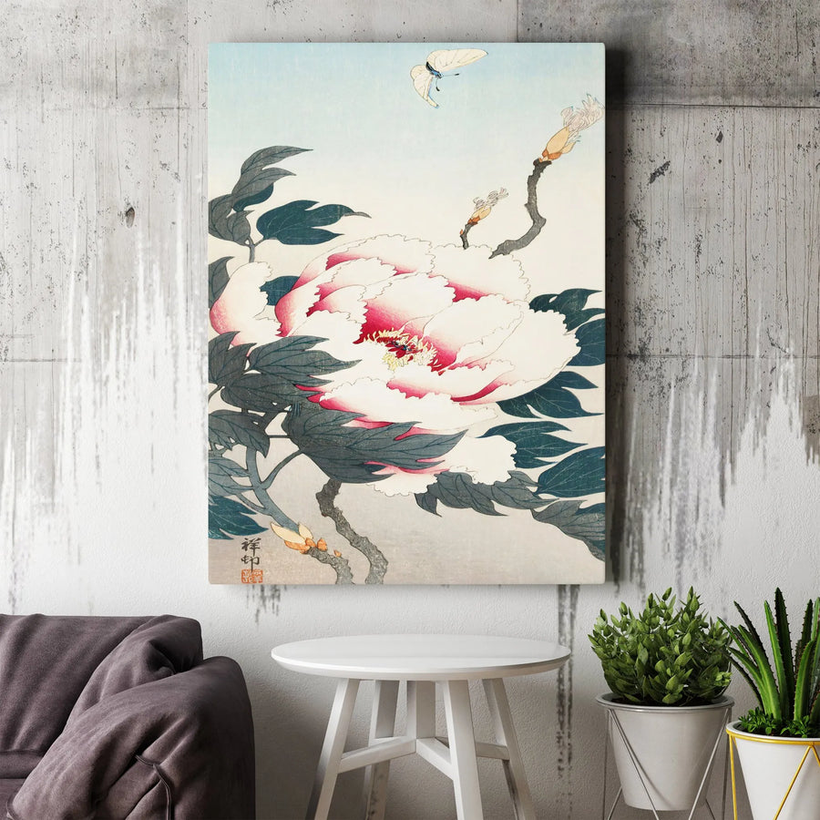 Japanese Peony and Butterfly Canvas Art | Ukiyo-e Floral Wall Decor | Premium Gallery Wrap Print | Elegant Home and Office Gift