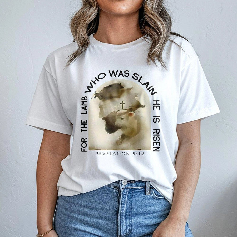 Lamb Who Was Slain T-Shirt | Revelation 5:12 Bible Verse Graphic | Premium Cotton Religious Apparel | Christian Faith Gift for Men and Women