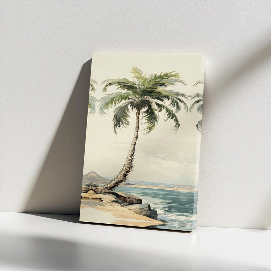 Vintage Palm Tree Canvas Art | Tropical Coastal Illustration | Premium Gallery Wrapped Print | Beach House Wall Decor Gift for Nature Lover