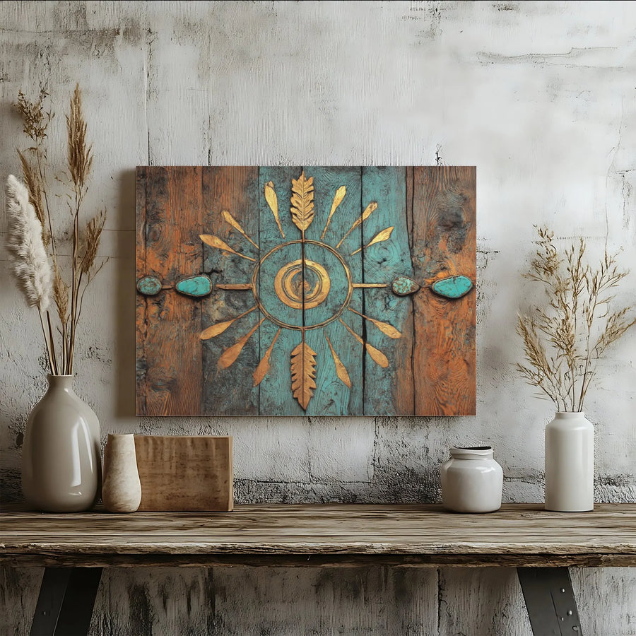 Western Sun Mandala Wall Art | Rustic Teal and Gold Feather Canvas | Premium Fade-Resistant Print | Southwestern Home Decor Gift