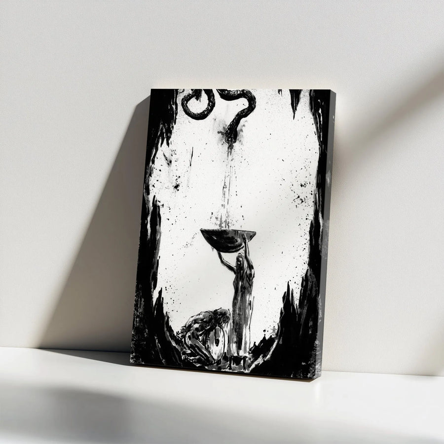 Norse Mythology Canvas Print | Loki and Sigyn Ink Art Illustration | Premium Thick Gallery Wrap | Collector's Viking Home Decor